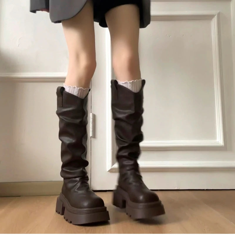 Autumn Winter Platform Thick Bottom Women Long Boots Fashion Slip On Shoes Vintage Ladies Knight Botas
