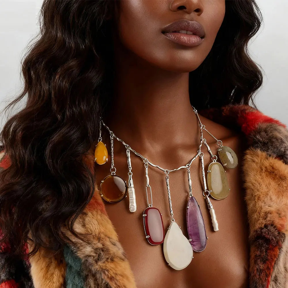 Boho Irregular Pendant Necklace With Freshwater Pearls And Link Chain In Bohemian Craftsmanship — Ivory | KIMLUD