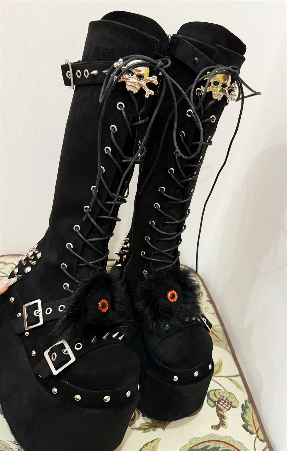 Skull Rivet Black Punk Platform Knee High Boots Shoes Women Zapatos Mujer