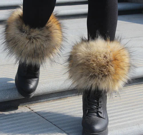 Faux Fur Boots Leg Warmer Cuffs Elastic DIY Accessory — Black | KIMLUD
