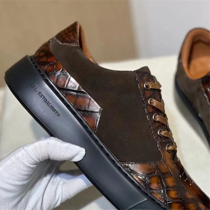 Authentic Exotic Crocodile Skin Hand Painted Men's Soft Board Shoes Genuine Real Alligator Leather Male Lace-up Patchwork Flats