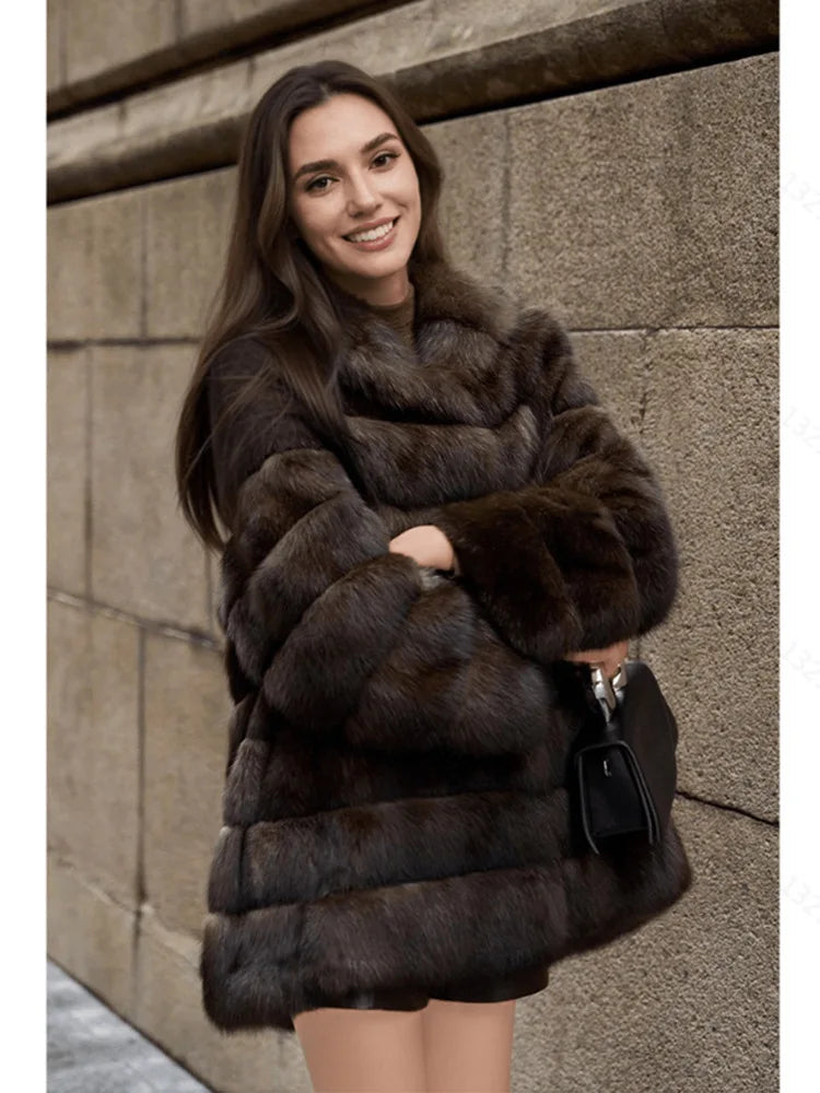 LANMREM Brown Hooded Women's Faux Mink Fur Coat Thick Autumn Winter Chic New Cardigan Mid Length Loose Warm Jackets 2DB4632