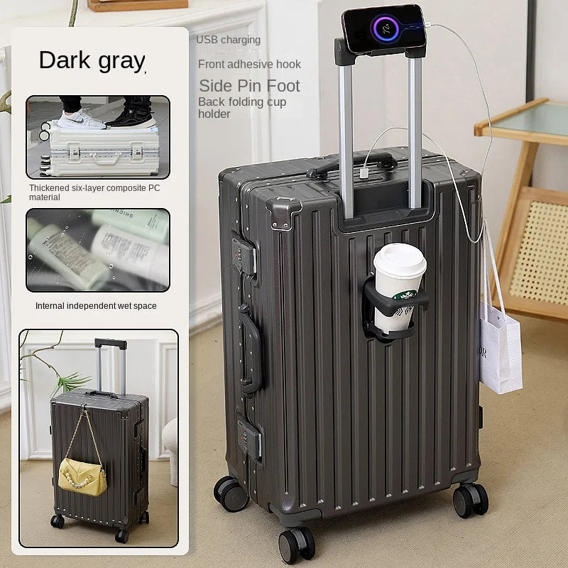 Multifunctional Luggage Aluminum Frame with USB Charging Port 30" High-capacity Suitcase 20-inch Travel Boarding Password Box