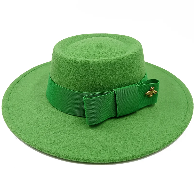 Wholesale Fedora hats Winter round concave convex surface flat top bow elastic ribbon men&#39;s and women&#39;s felt jazz hats Fedora - KIMLUD