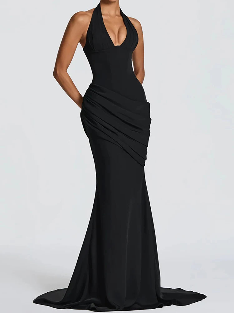 Patchwork Maxi Dress – Halter Backless – Polyester | KIMLUD
