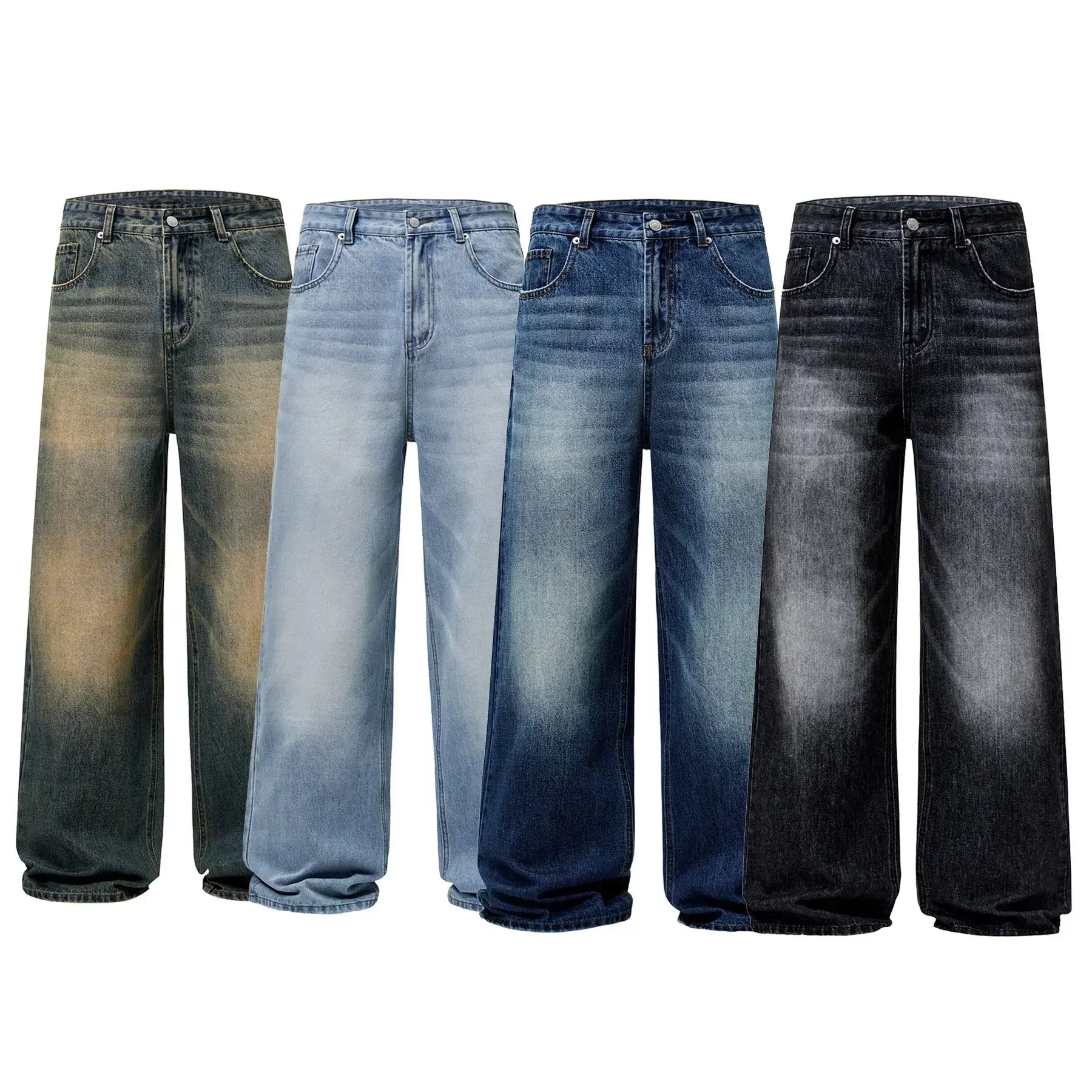 4 Colors Autumn Vintage Distressed Men's Baggy Straight Jeans Fashion Korean High Street Denim Pants Streetwear Male cargo