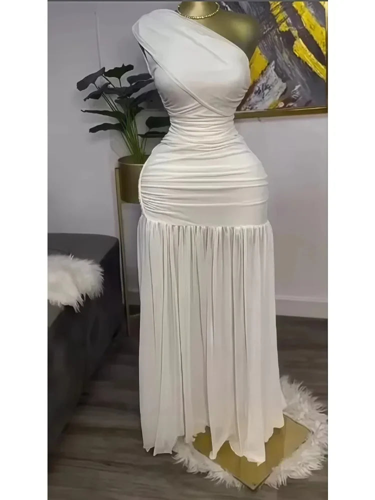 Maxi Dress – One Shoulder Skew Neck – Bodycon – Polyester | KIMLUD