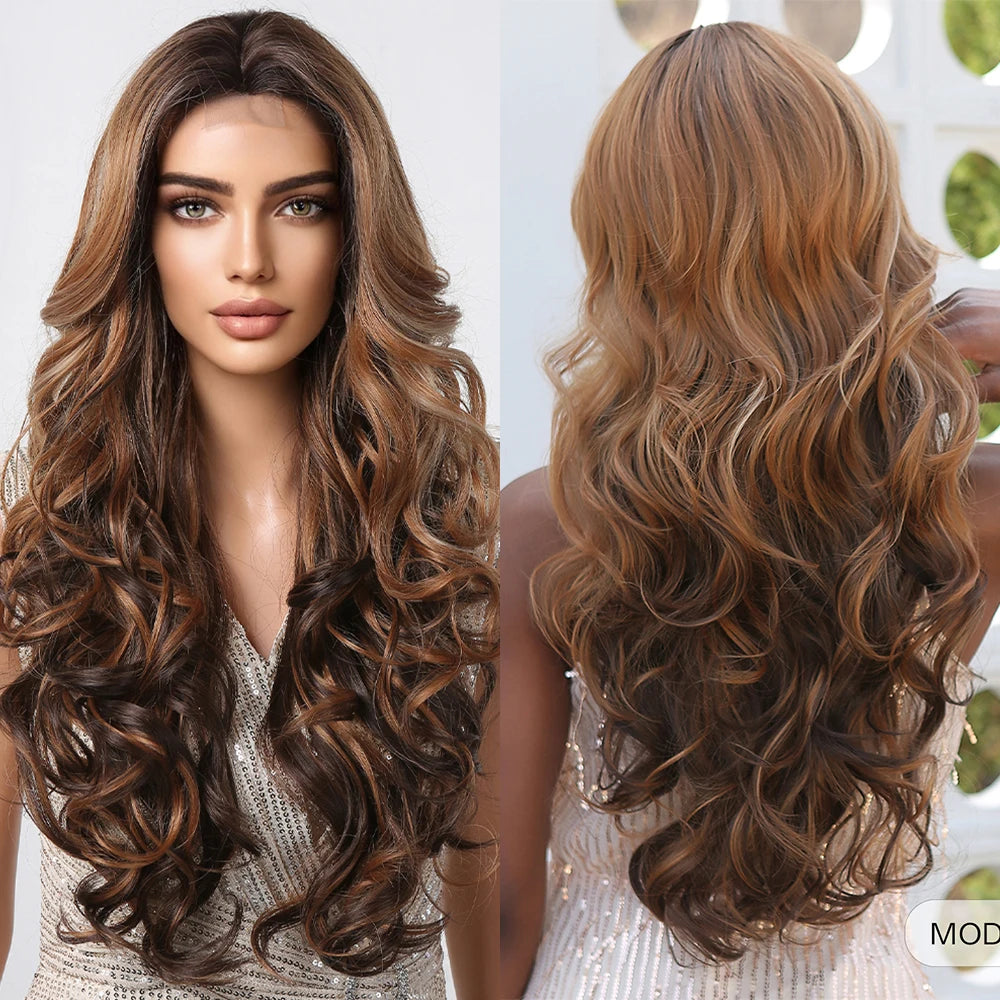 Long Body Wave Blonde Wigs Transparent Lace Frontal Synthetic Wig Middle Part Hair Light Golden Wig for White Women Dairly Party