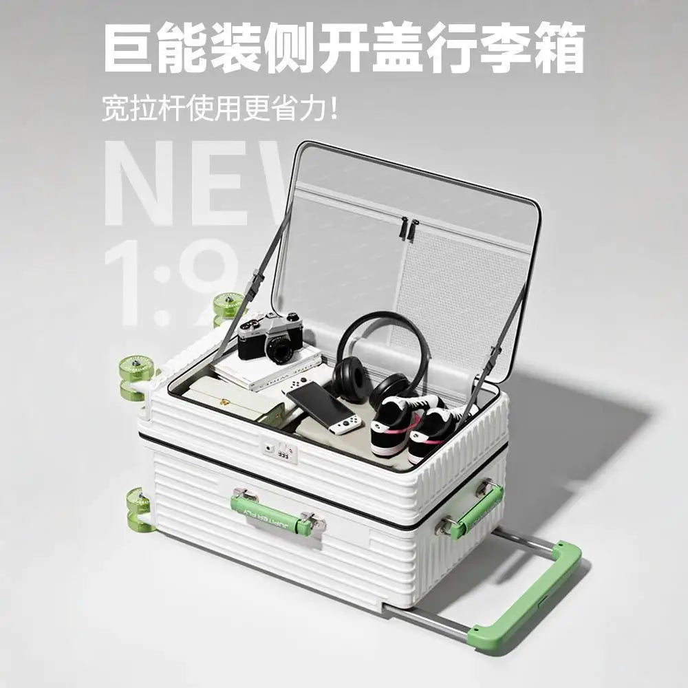 Side opening luggage compartment with expandable 28 inch wide luggage compartment, 20 inch boarding case, 24 inch luggage