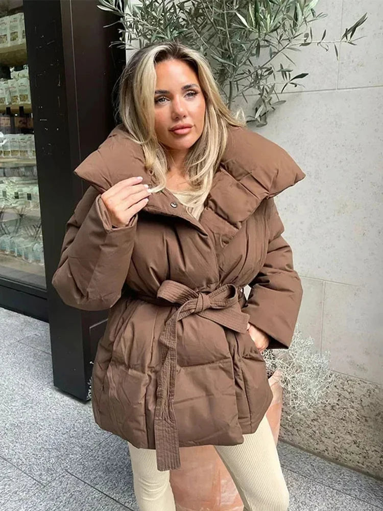 Women Solid Thicken Cotton Jackets Casual Stand Collar Zipper Long Sleeves Lace Up Detachable Hat Coat Winter Lady Warm Outwear