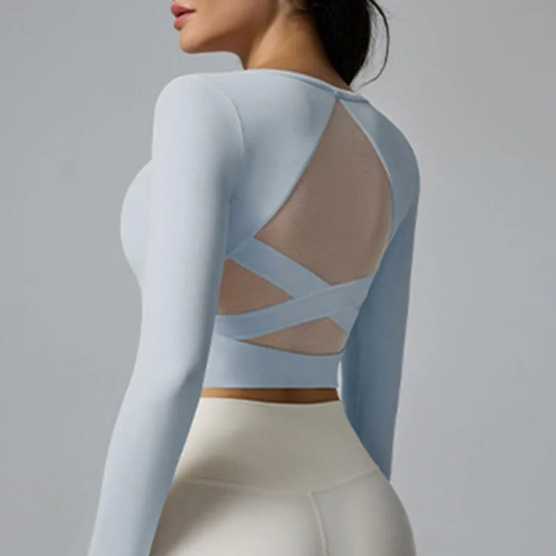 Nylon Elastane Knit Long Sleeve Yoga Top — White | KIMLUD