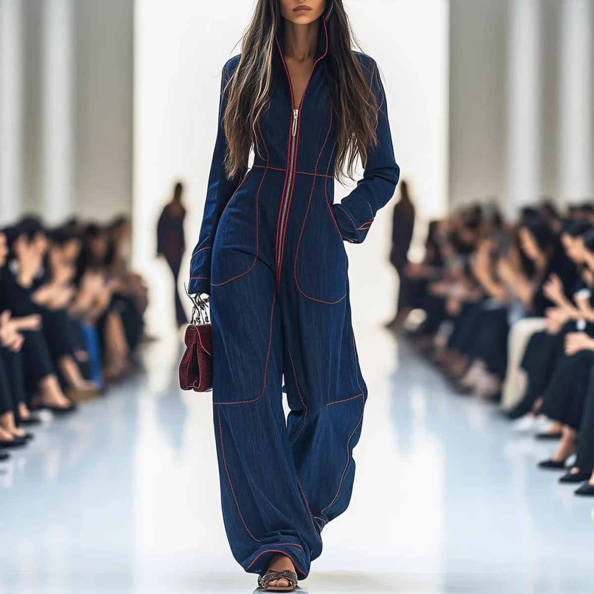 Polyester Jumpsuit Waist-Cinched Wide-Leg Stand Collar — Black | KIMLUD