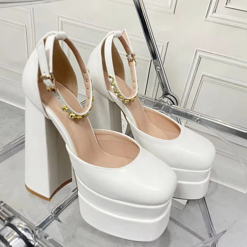 New Fashion Women Pumps Retro Mary Janes Chunky Heels Sandals Spring Platform Dress Party Wedding Basic Shoes Woman Big Size