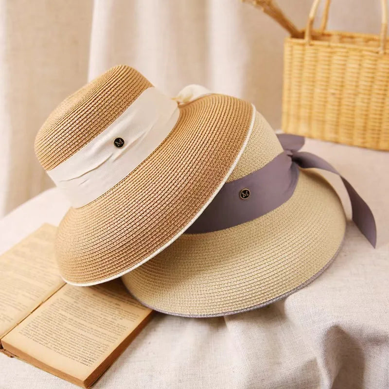 Straw Retro Bow Wide Brim Sun Hat — Natural | KIMLUD