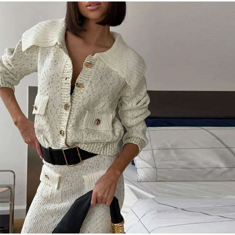 Fashion Knitted Long Skirts Sets Women Lapel Full Sleeve Single Breasted Sweater Hip Package Slim Skirt 2026 Spring Lady Outfits