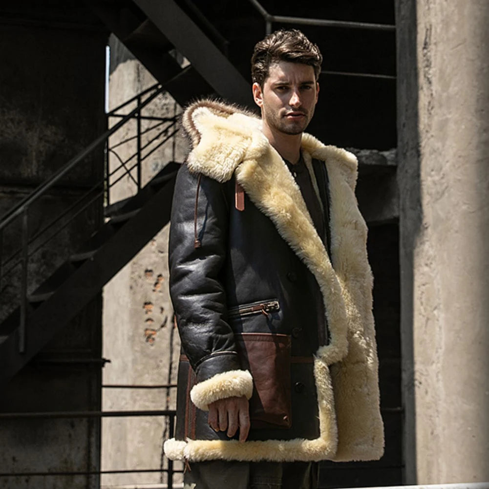 Denny&Dora Men's Shearling Jacket Hood Thick Warm Winter Sheepskin Coat Dark Brown Leather Jacket