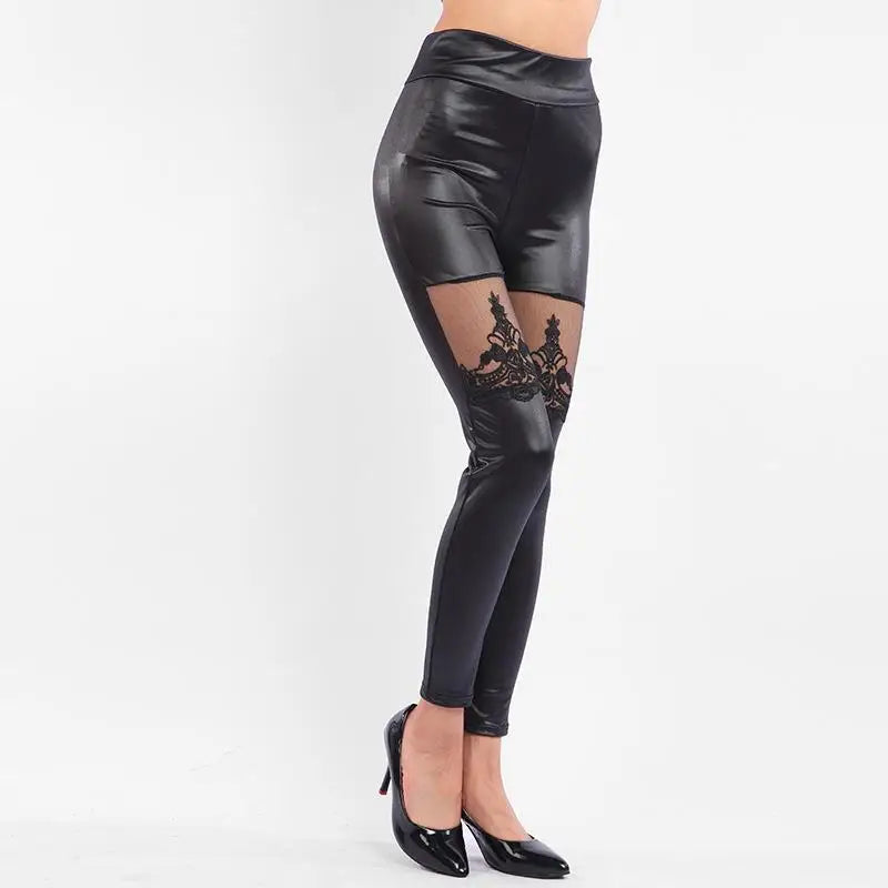Lace Leather Patchwork Crop Pants Leggings — Black | KIMLUD