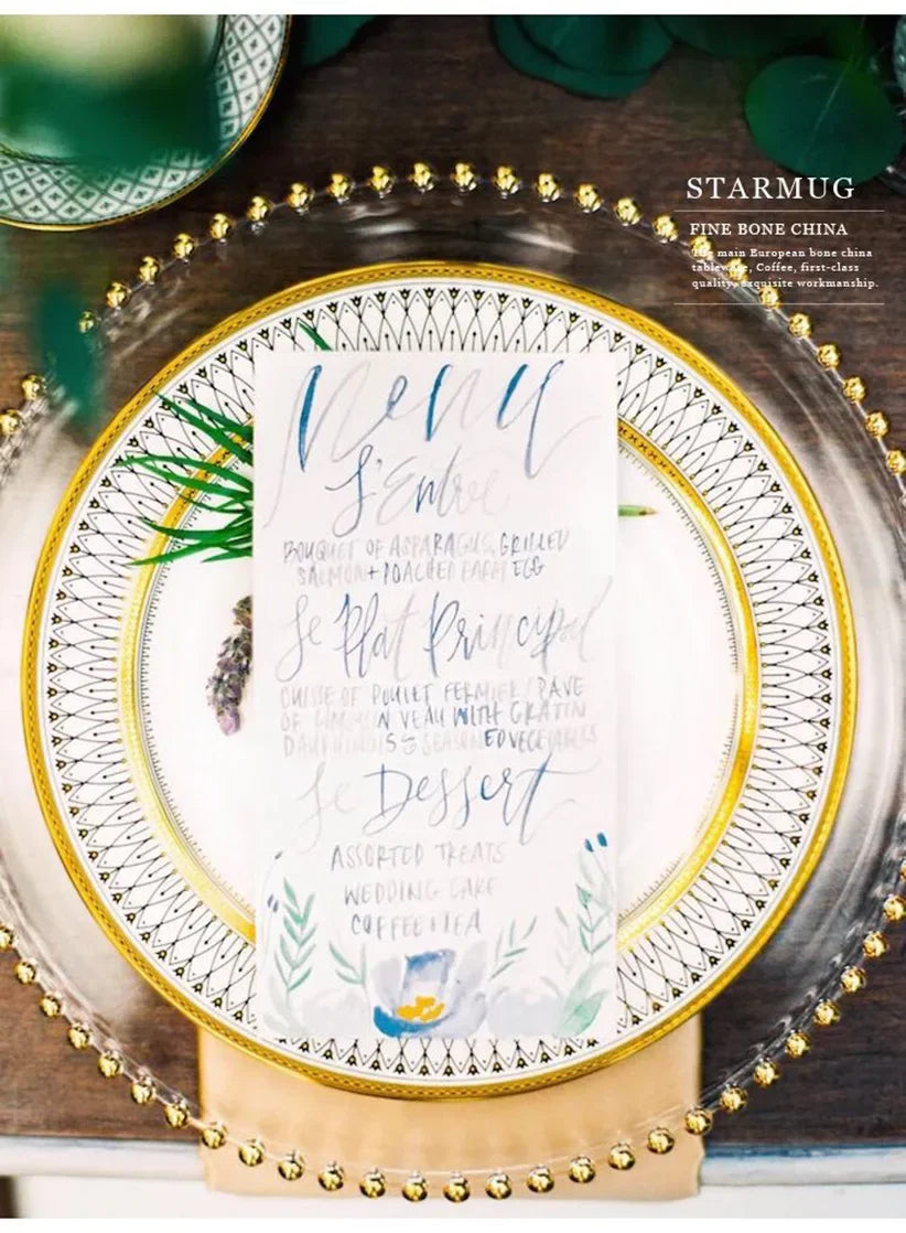 Ceramic European Style Dessert Plate With Gold Rim And Subtle Depth — White | KIMLUD