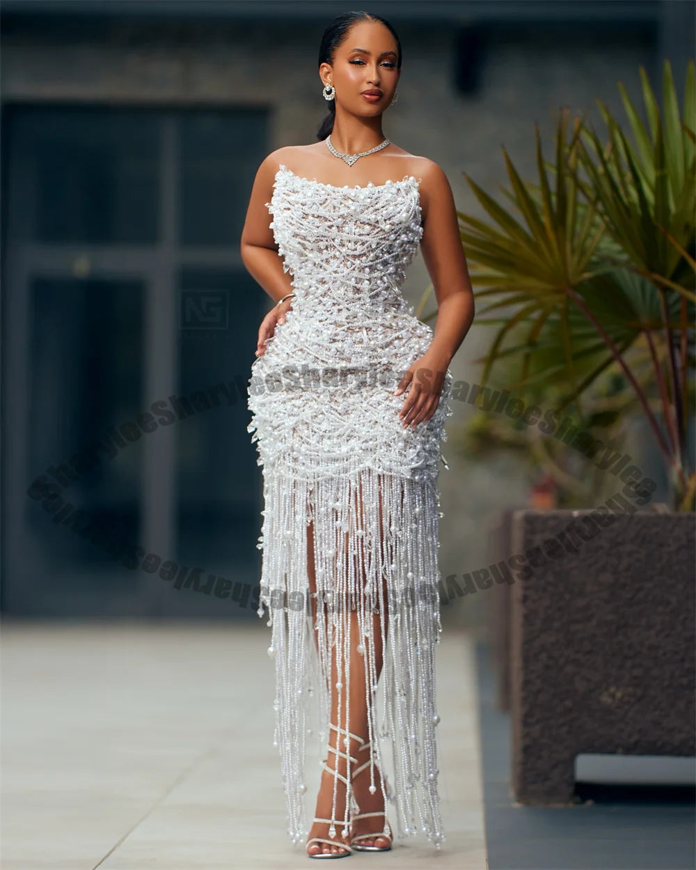 Evening Dress – Beaded Crepe Silhouette Slit – Ankle Length | KIMLUD