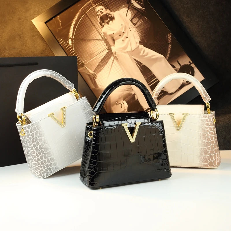 Crocodile Pattern Leather Shoulder Bag Small — Black | KIMLUD