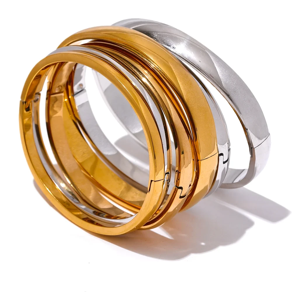 Yhpup 60mm Waterproof 316L Stainless Steel Round Smooth Bracelet Bangle Women Minimalist 18k Gold Color Texture Charm Jewelry - KIMLUD