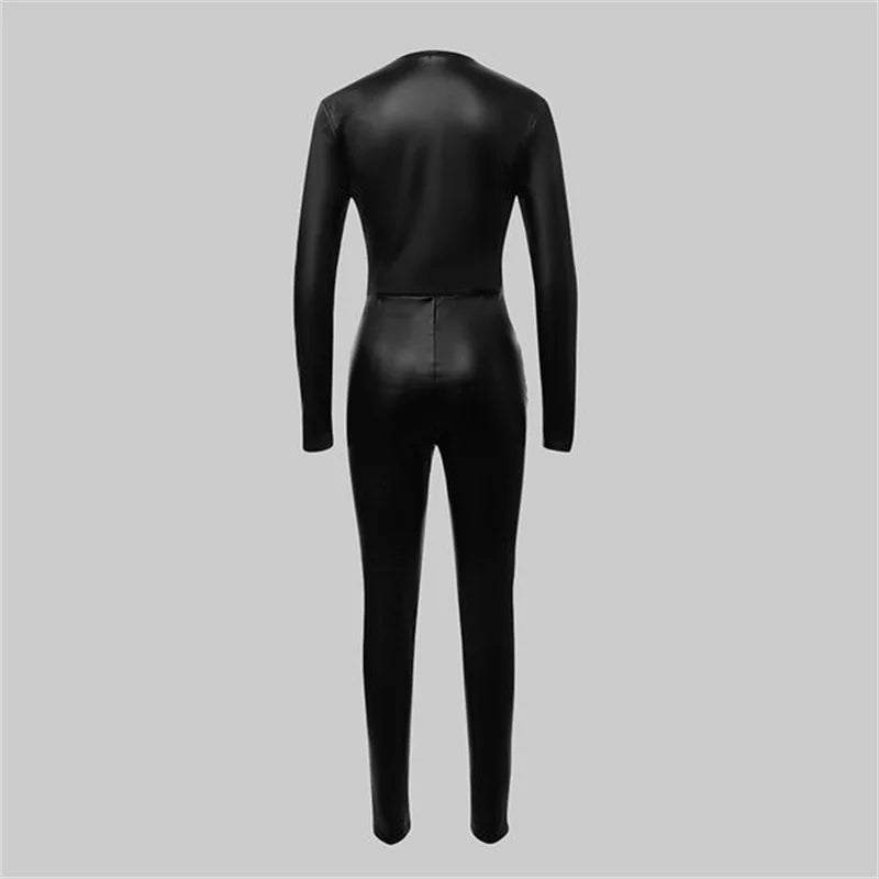 Jumpsuit – Zipper Detail – PU Leather – Black | KIMLUD