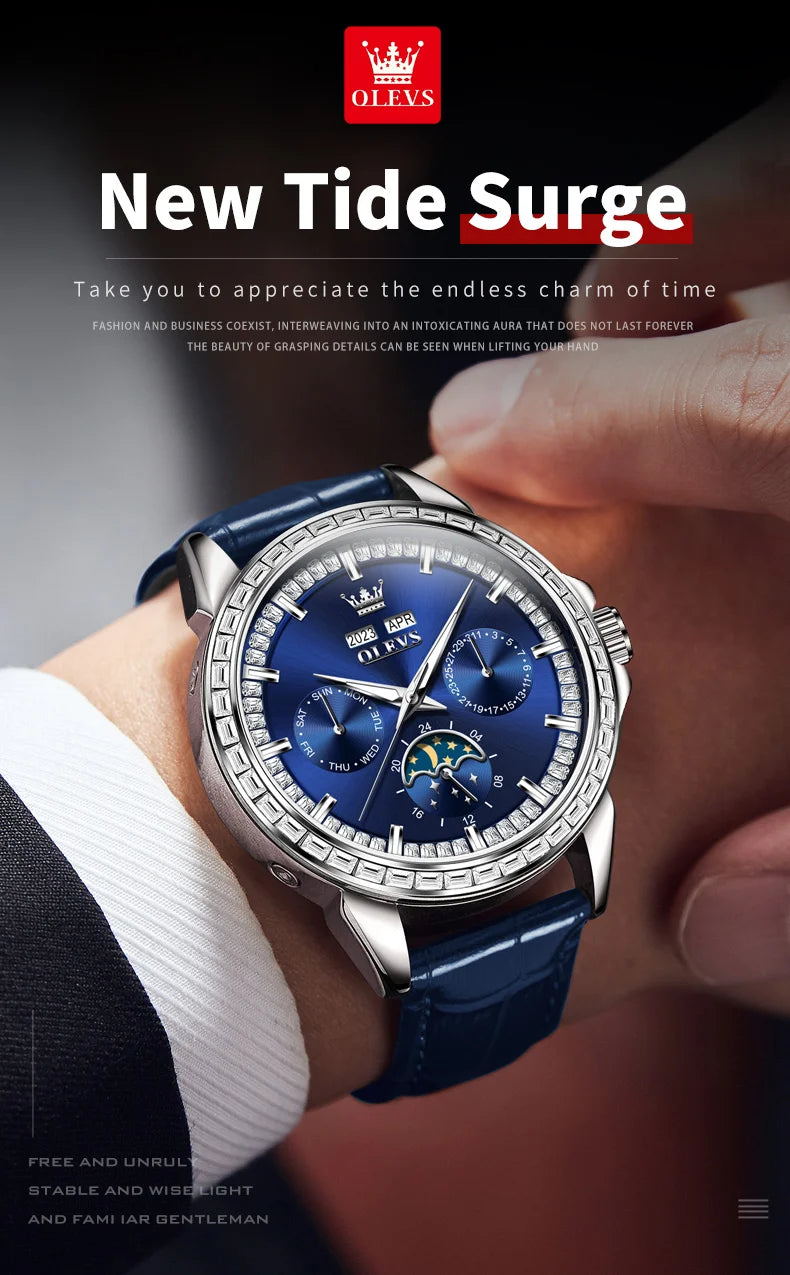 Moon Phase Leather Luxury Watch Diamond Bezel With Automatic Movement 41mm Case — Blue | KIMLUD