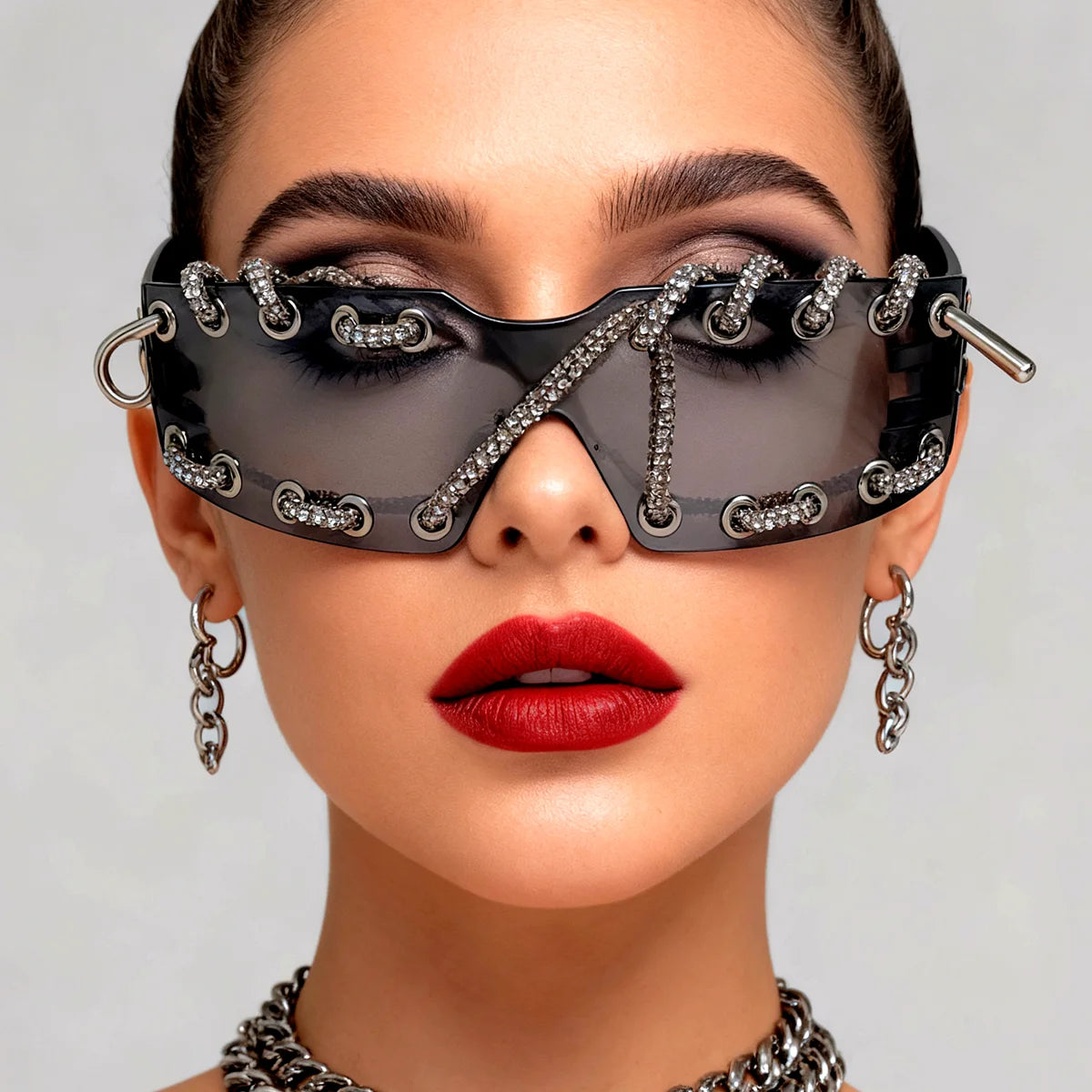 Frameless Crystal Chain Y2K Punk Sunglasses — Black | KIMLUD