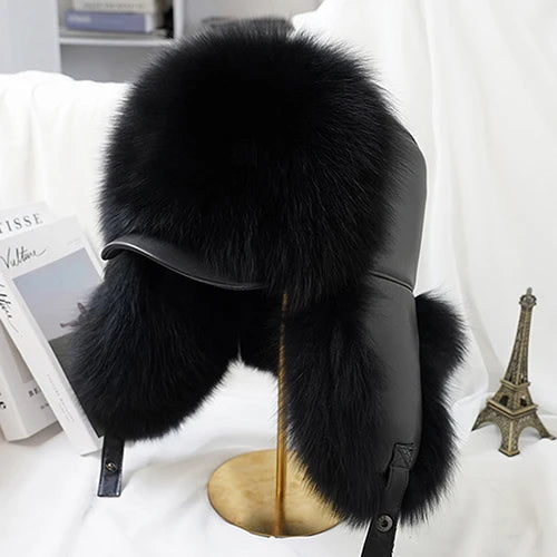 Fashion Winter Men's 100% Real Silver Fox Fur Bomber Hat Raccoon Fur Ushanka Cap Trapper Russian Man Ski Hats Caps Real Leather