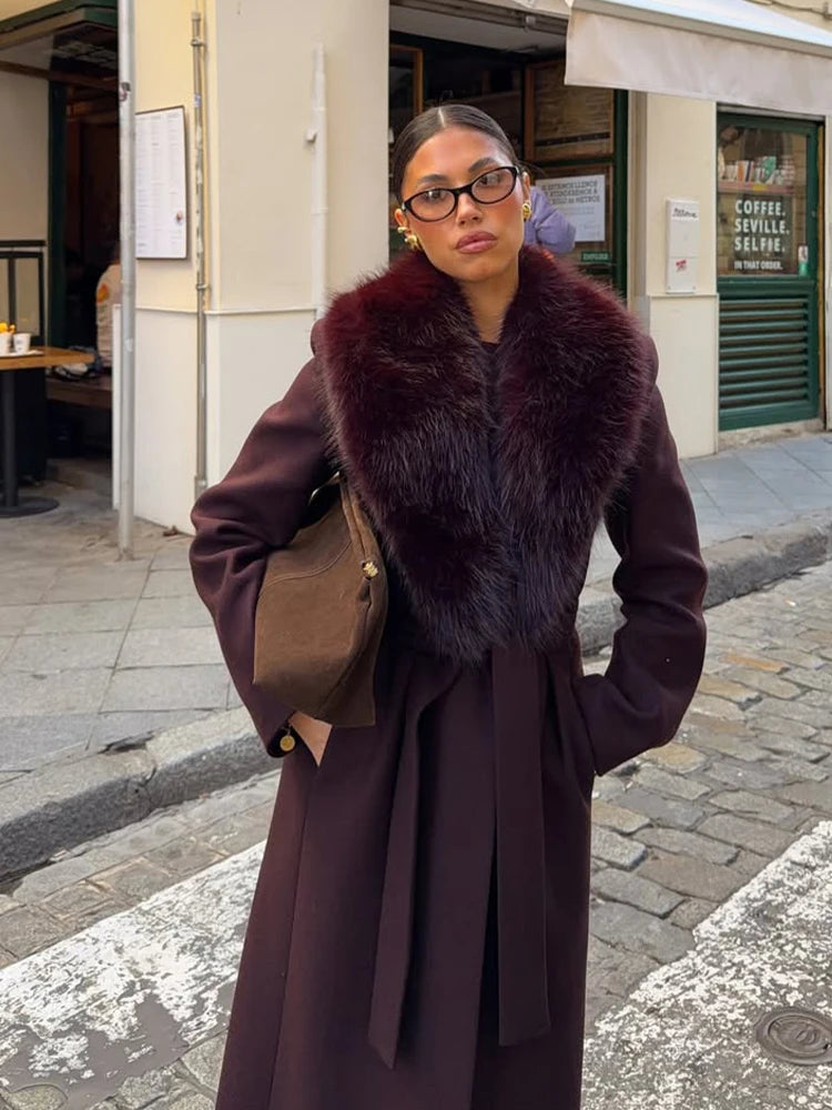 Solid Women Fur Collar Woolen Overcoat Stylish Patchwork Lace Up Long Sleeve V-neck Loose Coats 2026 High Street Warm Outerwear