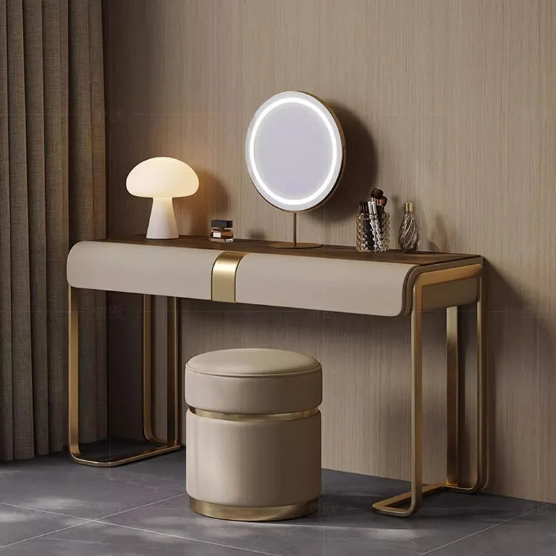 European Minimalist Dressing Table Mirror With LED Ring And Five Drawers — Champagne Beige | KIMLUD