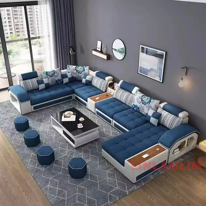 U-Shaped Sectional Fabric Sofa With Storage And Built-In Side Table — Gray | KIMLUD