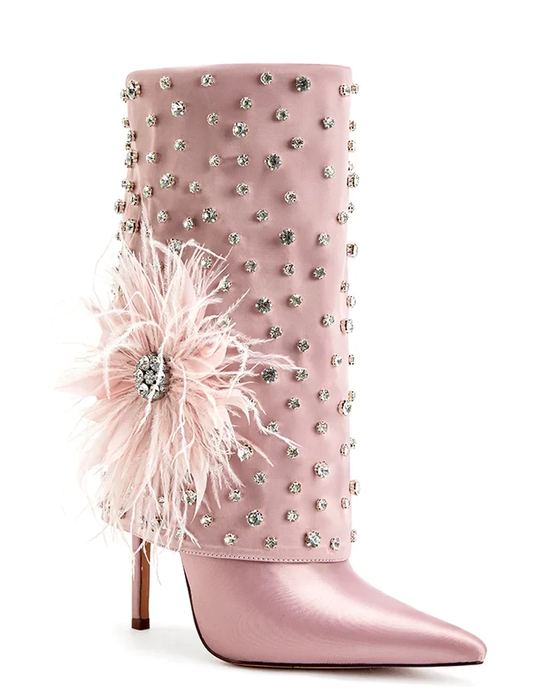 KIMLUD, Pink Glitter Diamond Feather Boots 2023 Women Luxury Crystal Black Pointed Toe Stilettos Shark Booties Big Size Designer Shoes, KIMLUD Womens Clothes