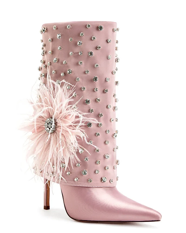 Pink Glitter Diamond Feather Boots 2023 Women Luxury Crystal Black Pointed Toe Stilettos Shark Booties Big Size Designer Shoes