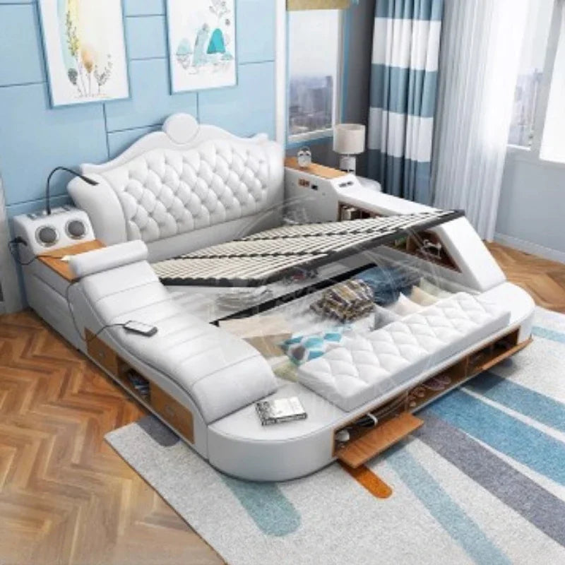 Solid Wood Headboard Storage Bed With Drawers — Ivory White | KIMLUD