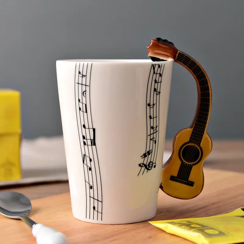 Bone China Mug With Music Note Motif And Delicate Guitar Handle — White | KIMLUD