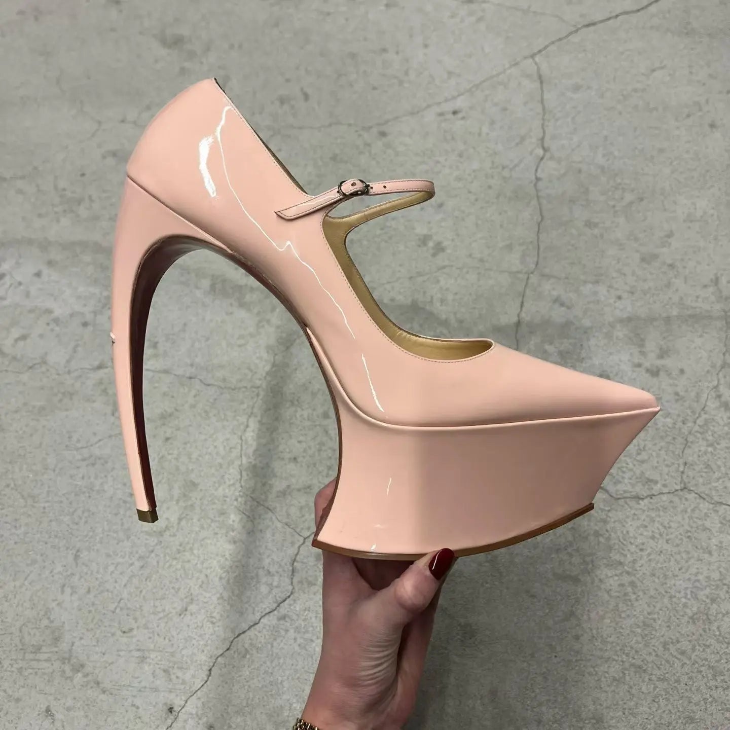 2026 Spring/Summer New Women's Fashion Runway Patent Leather Pointed-Toe Platform Stiletto Heel Ankle Buckle Dress Party Pumps