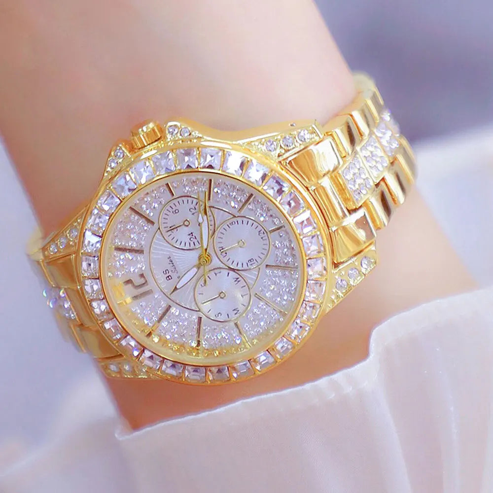 Lux Elegant Diamond Dial Two-Tone Watch — Silver | KIMLUD