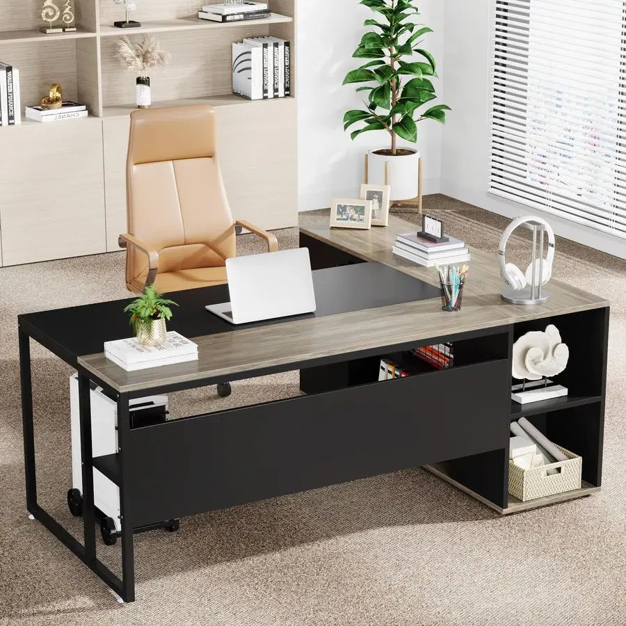 71 inch Executive Desk, L Shaped Desk with Cabinet Storage, Executive Office Table with Shelves, Business Furniture Set Worksta