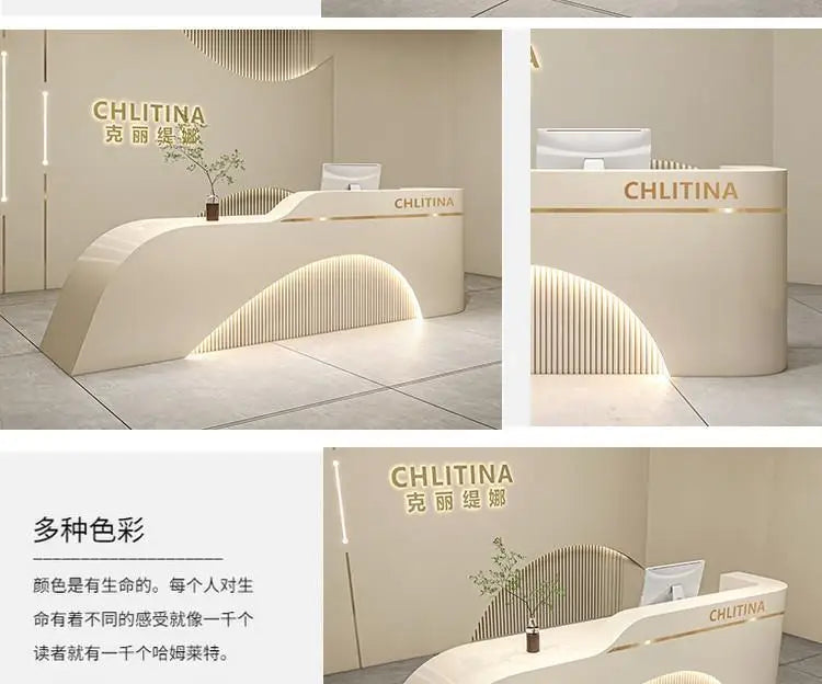 Simple Modern Front Reception Desk Curved Silhouette — White | KIMLUD