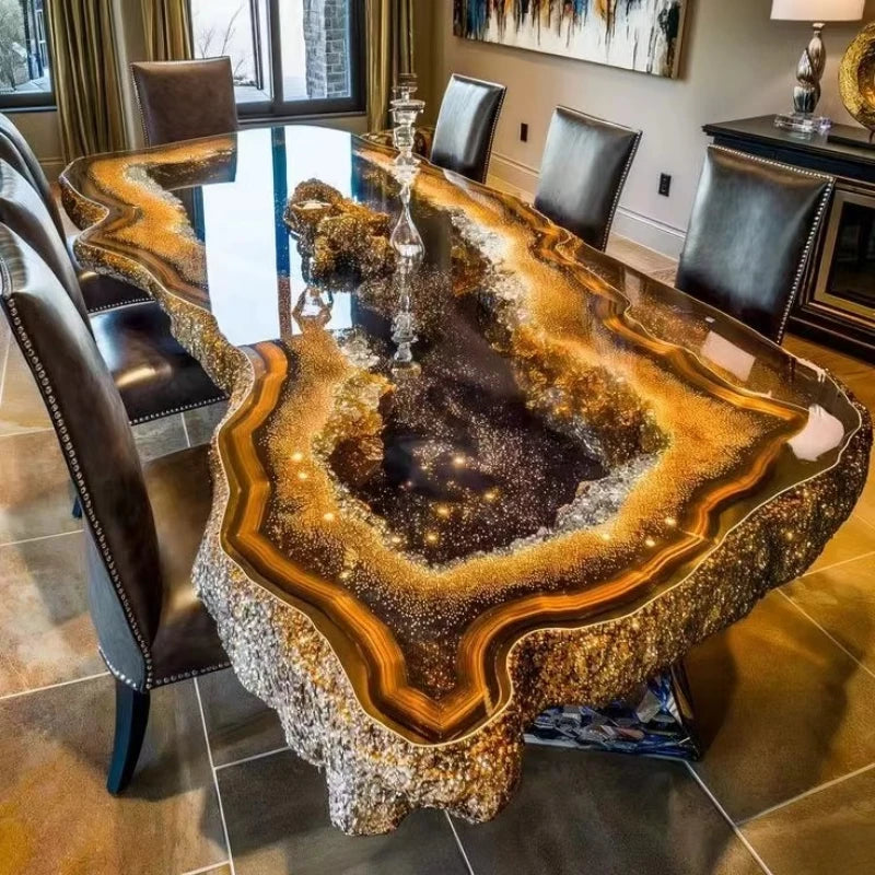 Dining table with a unique, organic design in a modern living room.