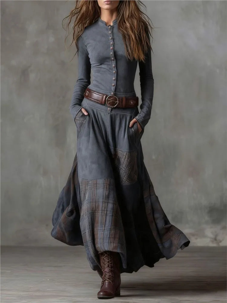 Suede Plaid Dress A-Line Long Sleeve Belted With Retro Pockets — Midnight Navy | KIMLUD