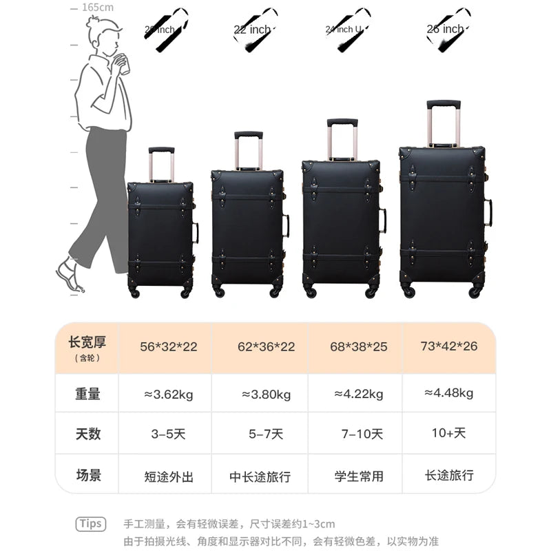 Classic Retro Suitcase 20/24/26inch PP+PC Travel Suitcase Large Capacity Handmade Leather Suitcase Travel Set with Makeup Case