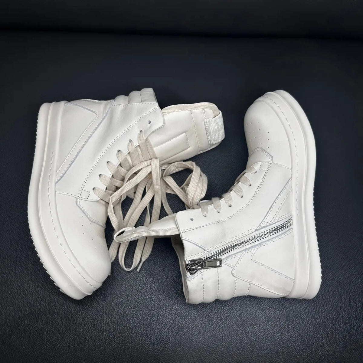 High Top Sneaker – ZIP Closure – Leather – Beige | KIMLUD