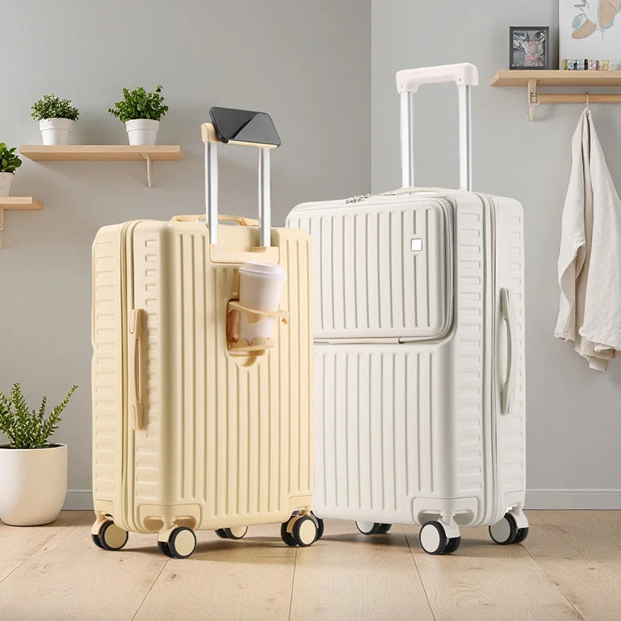 Independent Front Open Luggage Multi-functional Suitcase ABS+PC Cup Holder And Hidden Phone Stand Smooth Universal Wheel 20" 24"
