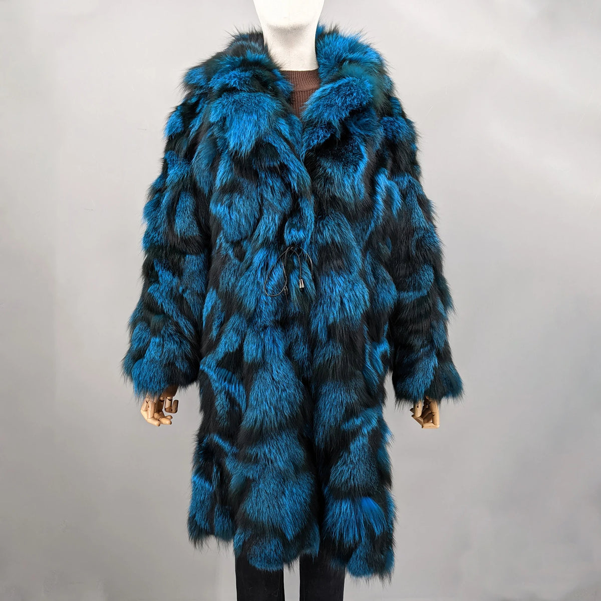 Long Coat – Color-Block – Fox Fur Patchwork – Green-Brown | KIMLUD