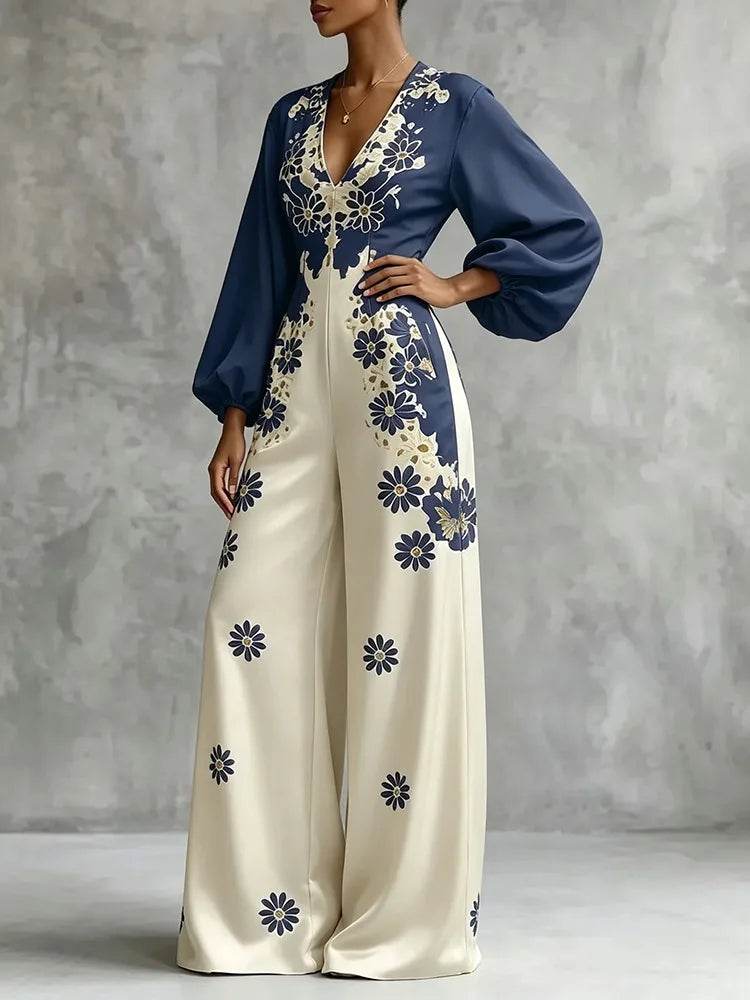 Jumpsuit – Floral Print – Polyester – V-Neck Puff Sleeves | KIMLUD