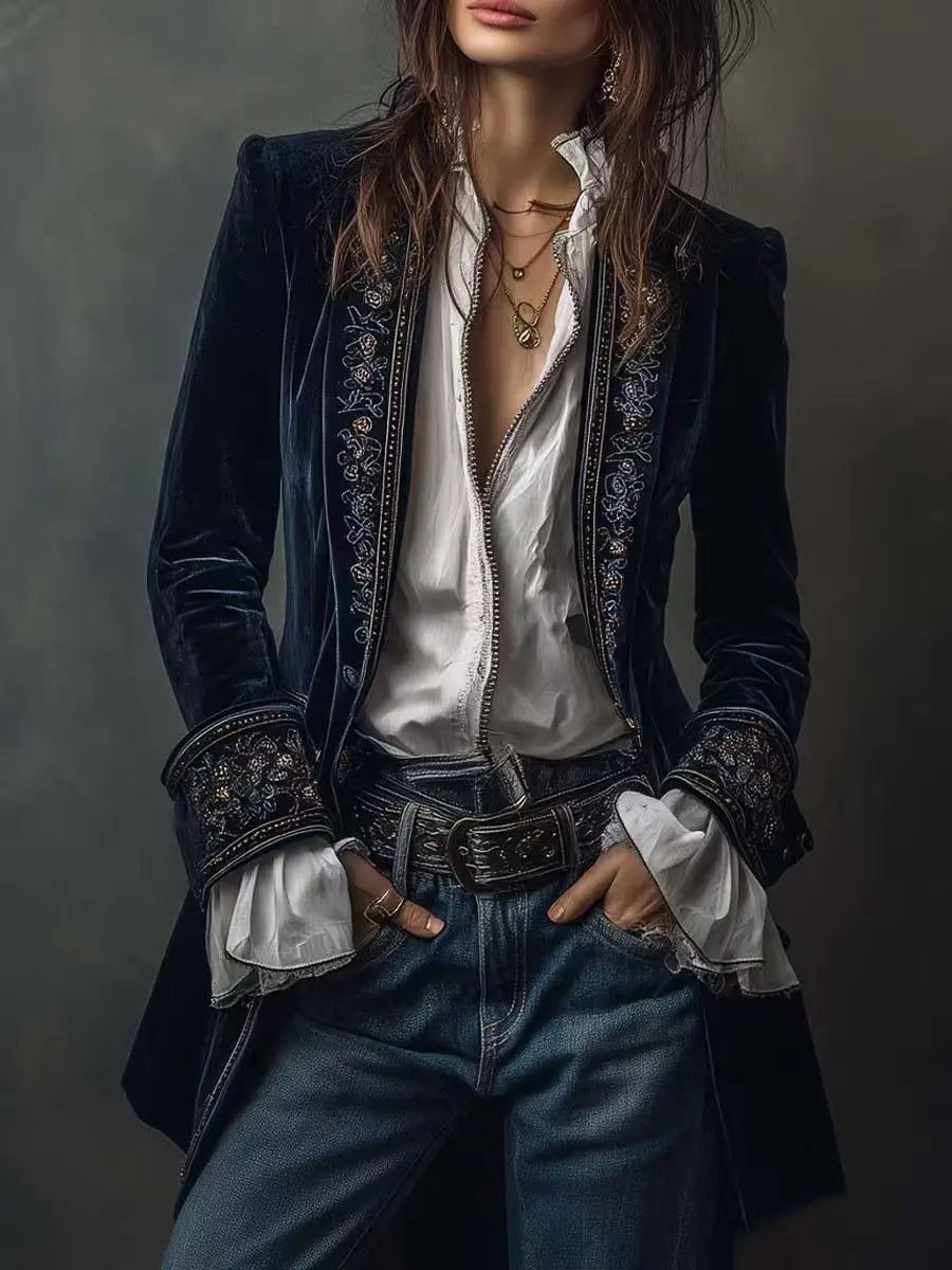 Long Sleeve Women's Outercoat Causal Autumn Winter Elegant Patchwork Velvet Slim Coat Vintage Pattern Print Cardigan Jackets