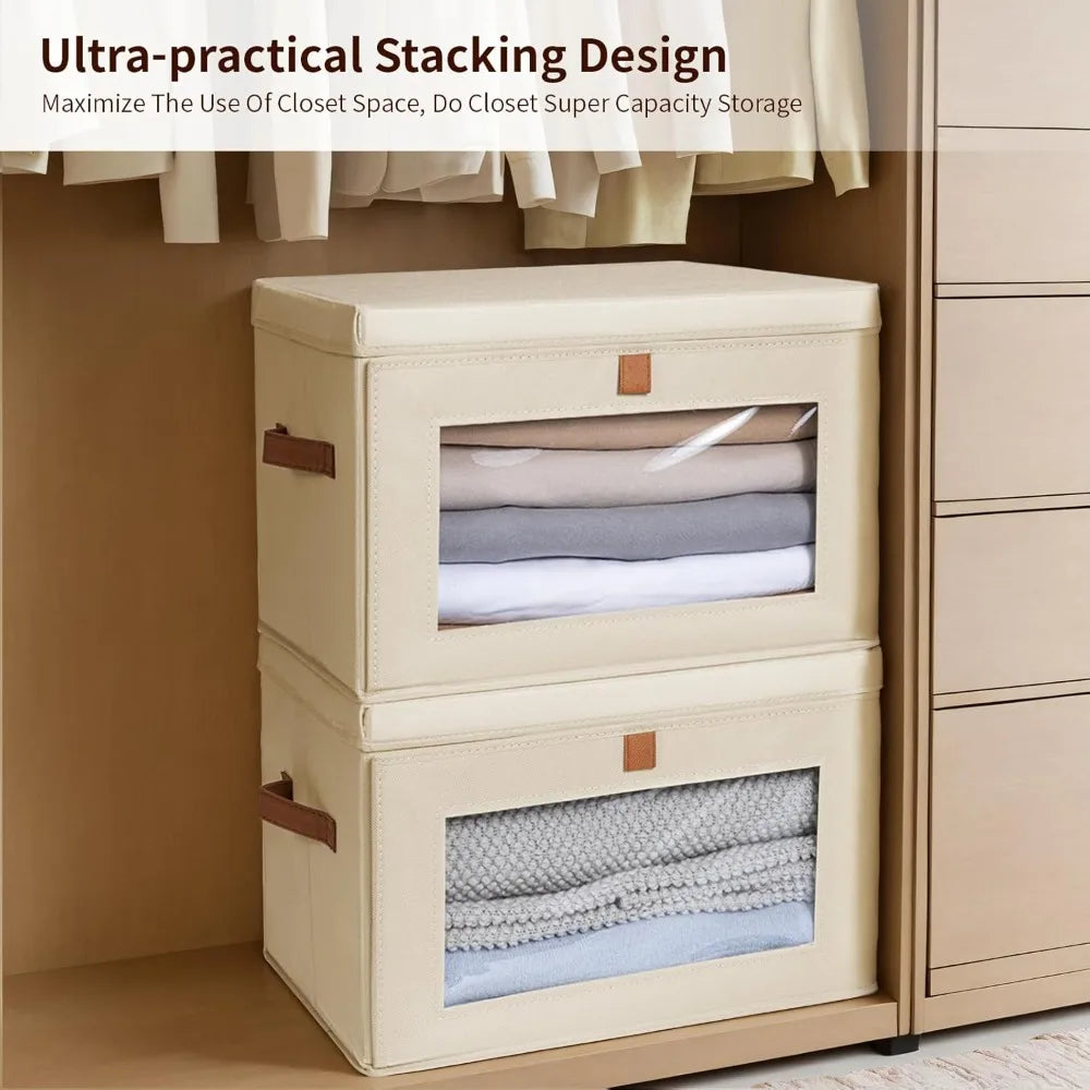 Fabric Storage Bins With Handles And Window — Beige | KIMLUD