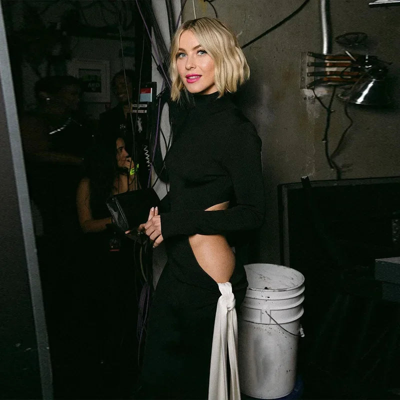 Turtleneck Sexy High Slit Contrast Color Ribbon Dress Lady Fashion Hollow Long Sleeve Elegant Party Maxi Dress Streetwear 2024